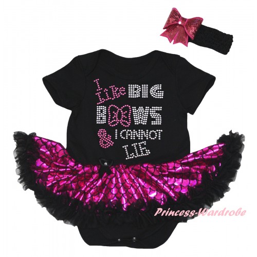 Black Baby Jumpsuit Hot Pink Scale Pettiskirt & Sparkle Rhinestone I Like Big Bows Print JS6315