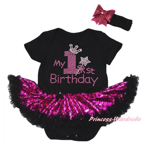 Black Baby Jumpsuit Hot Pink Scale Pettiskirt & Sparkle Rhinestone My 1st Birthday Print JS6316