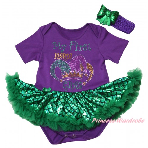 Mardi Gras Dark Purple Baby Jumpsuit Green Scale Pettiskirt & Sparkle Rhinestone My First Mardi Gras Clown Hat Print JS6323