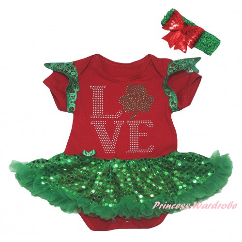 St Patrick's Day Green Ruffles Red Baby Jumpsuit Bling Kelly Green Sequins Pettiskirt & Sparkle Rhinestone Love Clover Print JS6329