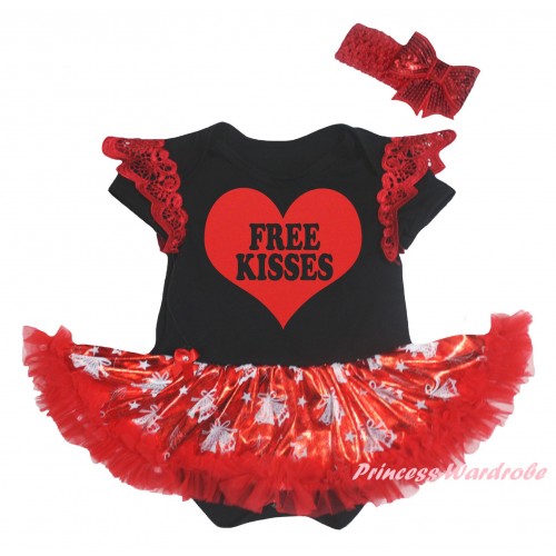 Valentine's Day Red Ruffles Black Baby Jumpsuit Bling Red White Christmas Bell Pettiskirt & Red Free Kisses Heart Painting JS6350