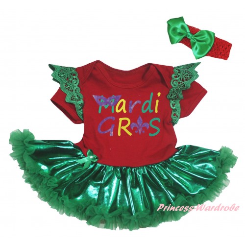 Mardi Gras Green Ruffles Red Baby Jumpsuit Bling Kelly Green Pettiskirt & Mardi Gras Painting JS6359