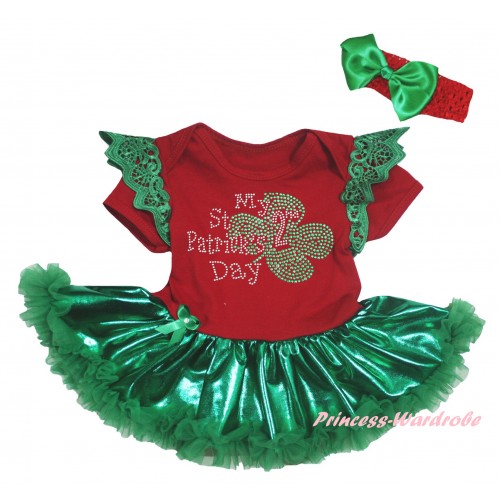 St Patrick's Day Green Ruffles Red Baby Jumpsuit Bling Kelly Green Pettiskirt & Sparkle Rhinestone My 2nd St Patrick's Day Print JS6363