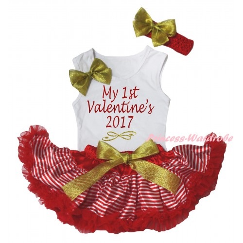 White Baby Pettitop Gold Bows & Sparkle My 1st Valentine's Day 2017 Painting & Red White Striped Newborn Pettiskirt NG2330
