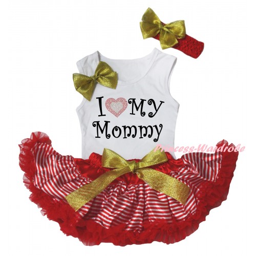 Mother's Day White Baby Pettitop Gold Bows & Sparkle I Love My Mommy Painting & Red White Striped Newborn Pettiskirt NG2331