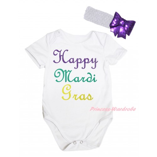 Mardi Gras White Baby Jumpsuit & Happy Mardi Gras Painting & White Headband Dark Purple Bow TH810