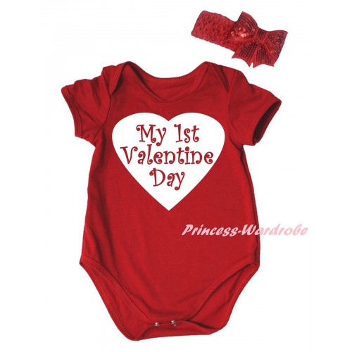 Valentine's Day Red Baby Jumpsuit & White My 1st Valentine Day Heart Painting & Red Headband Bow TH823