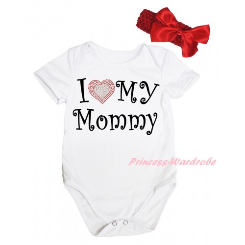 Mother's Day White Baby Jumpsuit & Sparkle I Love My Mommy Painting & Red Headband Bow TH829