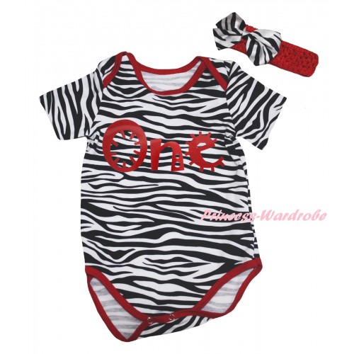 Red Zebra Baby Jumpsuit & Red One Painting & Red Headband Zebra Bow TH833