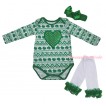 St Patrick's Day White Kelly Green Clover Baby Jumpsuit & Sparkle Kelly Green Heart Print & Kelly Green Headband Bow & Kelly Green Ruffles White Leg Warmer Set TH853