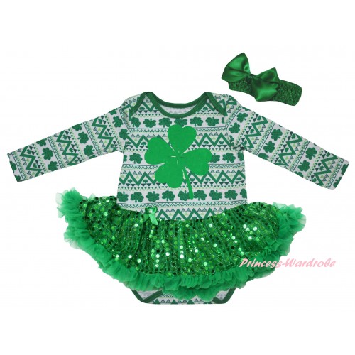 St Patrick's Day White Kelly Green Clover Long Sleeve Baby Bodysuit Jumpsuit Bling Kelly Green Sequins Pettiskirt & Green Clover Painting & Kelly Green Headband Bow JS6381