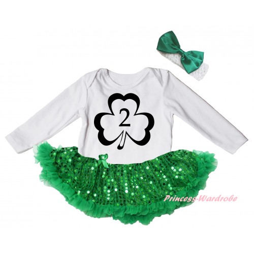 St Patrick's Day White Long Sleeve Baby Bodysuit Jumpsuit Bling Kelly Green Sequins Pettiskirt & Black 2nd Number Clover Painting & White Headband Kelly Green Bow JS6387