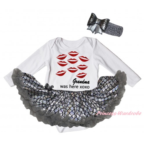 Valentine's Day White Long Sleeve Baby Bodysuit Jumpsuit Grey Scale Pettiskirt & Sparkle Red Kisses Black Grandma Was Here Xoxo Painting & Grey Headband Bow JS6413