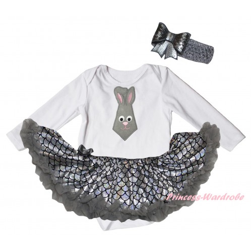 Easter White Long Sleeve Baby Bodysuit Jumpsuit Grey Scale Pettiskirt & Grey Rabbit Tie Print & Grey Headband Bow JS6418