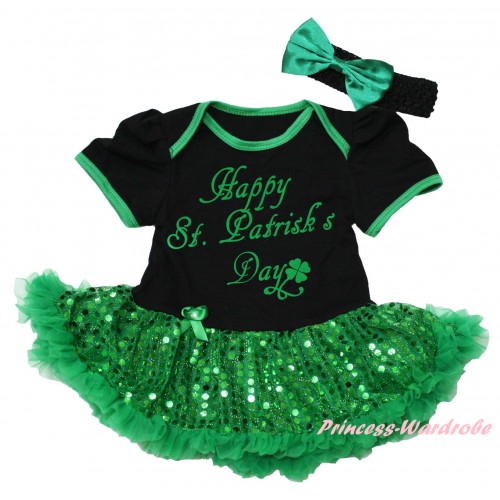 St Patrick's Day Black Baby Bodysuit Bling Kelly Green Sequins Pettiskirt & Kelly Green Happy St.Patrick's Day Painting JS6422
