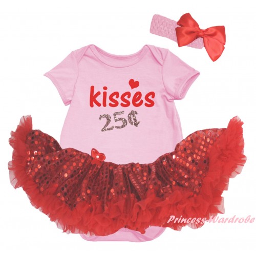 Valentine's Day Light Pink Baby Bodysuit Jumpsuit Bling Red Sequins Pettiskirt & Sparkle Light Pink Red Kisses 25 cents Painting JS6426