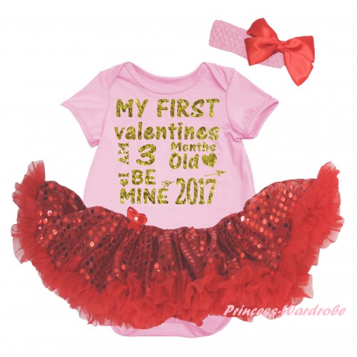 Valentine's Day Light Pink Baby Bodysuit Jumpsuit Bling Red Sequins Pettiskirt & Sparkle Gold My First Valentines I Am 3 Months Old Be Mine 2017 Painting JS6427