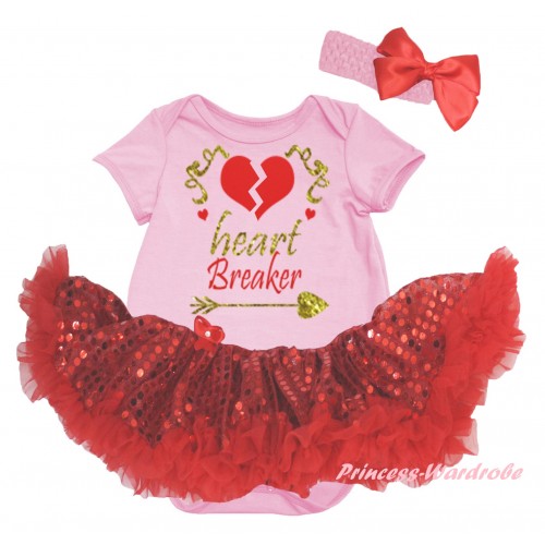Valentine's Day Light Pink Baby Bodysuit Jumpsuit Bling Red Sequins Pettiskirt & Sparkle Gold Red Heart Breaker Painting JS6429