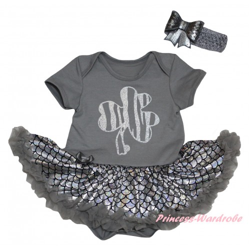 St Patrick's Day Grey Baby Jumpsuit Silver Grey Scale Pettiskirt & Sparkle Silver Clover Painting JS6450