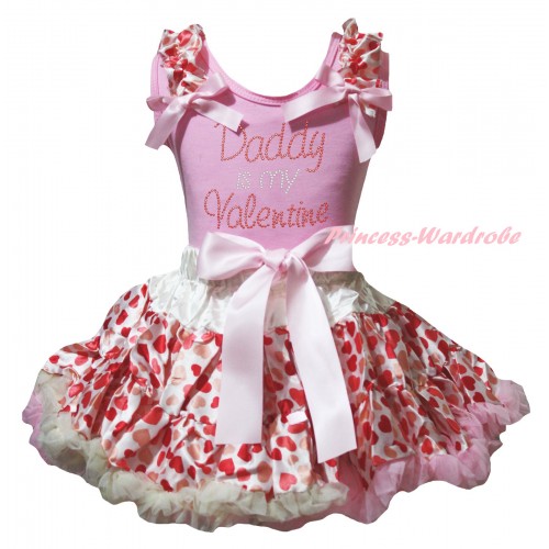 Valentine's Day Light Pink Tank Top Cream White Heart Ruffles Light Pink Bow & Sparkle Rhinestone Daddy Is My Valentine Print & Cream White Heart Pettiskirt MG2747