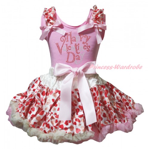 Valentine's Day Light Pink Tank Top Cream White Heart Ruffles Light Pink Bow & Sparkle Rhinestone Happy Valentine's Day Print & Cream White Heart Pettiskirt MG2748