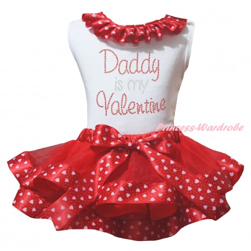 Valentine's Day White Pettitop Red Light Pink Heart Lacing & Sparkle Crystal Bling Rhinestone Daddy Is My Valentine Print & Red Light Pink Heart Trimmed Pettiskirt MG2814