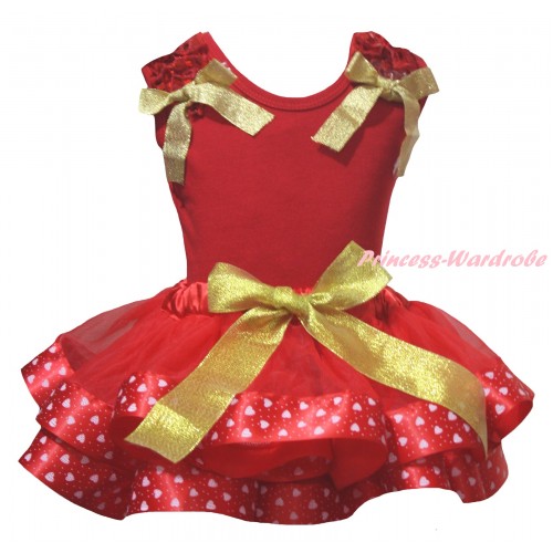 Red Tank Top Red Ruffles Gold Bows & Gold Red Light Pink Heart Trimmed Pettiskirt MG2828