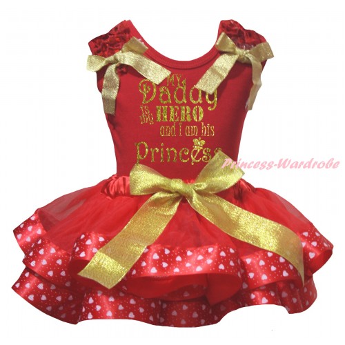 Father's Day Red Tank Top Red Ruffles Gold Bows & Sparkle Gold My Daddy Is My Hero And I Am His Princess Painting & Gold Red Light Pink Heart Trimmed Pettiskirt MG2829