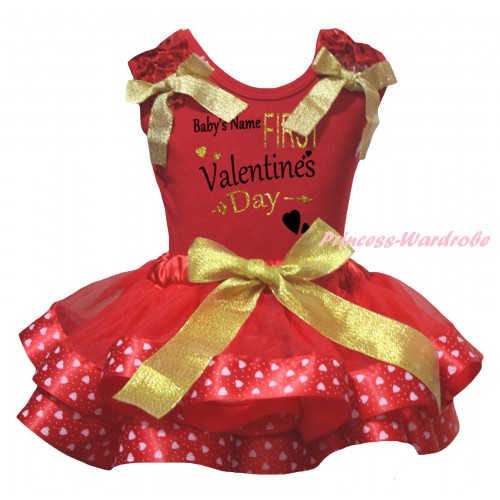 Valentine's Day Red Tank Top Red Ruffles Gold Bows & Sparkle Gold Black Baby's Name First Valentine's Day Painting & Gold Red Light Pink Heart Trimmed Pettiskirt MG2830