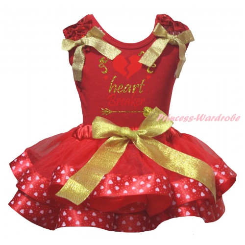 Valentine's Day Red Tank Top Red Ruffles Gold Bows & Sparkle Gold Red Heart Breaker Painting & Gold Red Light Pink Heart Trimmed Pettiskirt MG2831
