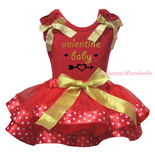 Valentine's Day Red Tank Top Red Ruffles Gold Bows & Sparkle Gold Black Valentine Baby Painting & Gold Red Light Pink Heart Trimmed Pettiskirt MG2833