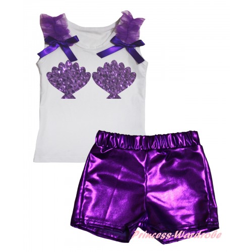 White Tank Top Dark Purple Ruffles & Bows & Mermaid Shell Bra Painting & Bling Purple Shiny Girls Pantie Set MG2869