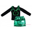 St Patrick's Day Black Tank Top Kelly Green Ruffles & Bows & Green 1st Number Clover Painting & Bling Green Shiny Girls Skirt Set MG2870