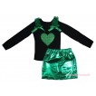 St Patrick's Day Black Tank Top Kelly Green Ruffles & Bows & Sparkle Kelly Green Heart Print & Bling Green Shiny Girls Skirt Set MG2875