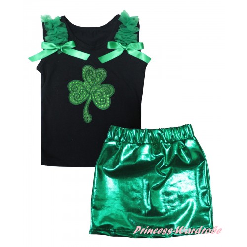 St Patrick's Day Black Tank Top Kelly Green Ruffles & Bows & Sparkle Kelly Green Clover Print & Bling Green Shiny Girls Skirt Set MG2876