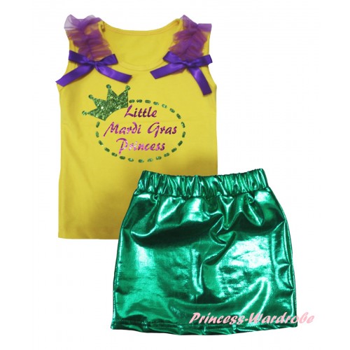 Mardi Gras Yellow Tank Top Dark Purple Ruffles & Bows & Sparkle Little Mardi Gras Princess Painting & Bling Green Shiny Girls Skirt Set MG2880