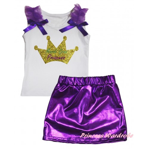 Mardi Gras White Tank Top Dark Purple Ruffles & Bows & Sparkle Mardi Gras Princess Crown Painting & Bling Purple Shiny Girls Skirt Set MG2883