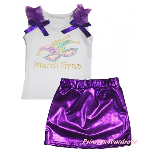 Mardi Gras White Tank Top Dark Purple Ruffles & Bows & Rhinestone Mardi Gras Clown Mask Print & Bling Purple Shiny Girls Skirt Set MG2888
