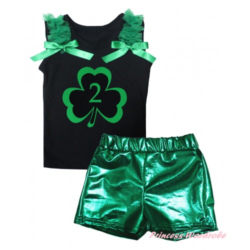 St Patrick's Day Black Tank Top Kelly Green Ruffles & Bows & Green 2nd Number Clover Painting & Bling Green Shiny Girls Pantie Set MG2890