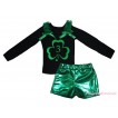 St Patrick's Day Black Tank Top Kelly Green Ruffles & Bows & Green 3rd Number Clover Painting & Bling Green Shiny Girls Pantie Set MG2891
