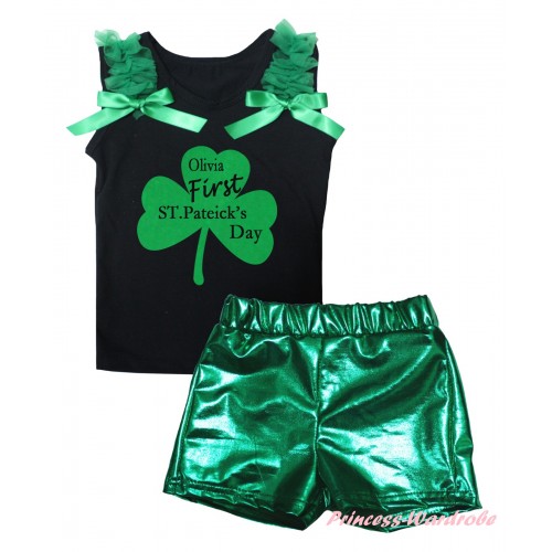 St Patrick's Day Black Tank Top Kelly Green Ruffles & Bows & Kelly Green Clover Olivia First ST.Patrick's Day Painting & Bling Green Shiny Girls Pantie Set MG2893