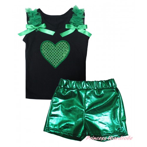 St Patrick's Day Black Tank Top Kelly Green Ruffles & Bows & Sparkle Kelly Green Heart Print & Bling Green Shiny Girls Pantie Set MG2894