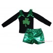 St Patrick's Day Black Tank Top Kelly Green Ruffles & Bows & Sparkle Kelly Green Clover Print & Bling Green Shiny Girls Pantie Set MG2895