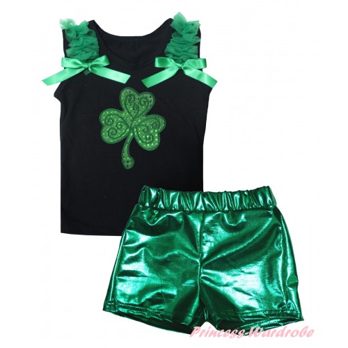 St Patrick's Day Black Tank Top Kelly Green Ruffles & Bows & Sparkle Kelly Green Clover Print & Bling Green Shiny Girls Pantie Set MG2895