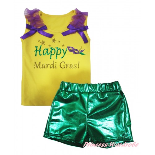 Mardi Gras Yellow Tank Top Dark Purple Ruffles & Bows & Sparkle Happy Mardi Gras! Clown Mask Painting & Bling Green Shiny Girls Pantie Set MG2897