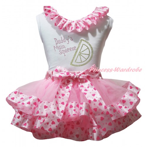 White Baby Pettitop Light Hot Pink Heart Lacing & Sparkle Rhinestone Daddy's Main Squeeze Print & Light Hot Pink Heart Trimmed Newborn Pettiskirt NG2362