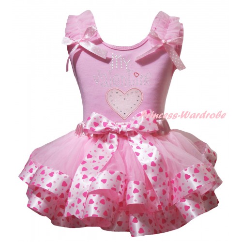 Valentine's Day Light Pink Baby Pettitop Light Pink Ruffles Pink White Dots Bow & Sparkle Rhinestone My Valentine Light Pink Heart Print & Light Hot Pink Heart Trimmed Newborn Pettiskirt NG2368