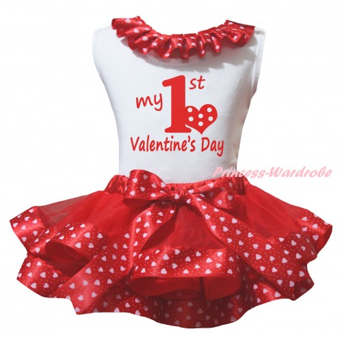 Valentine's Day White Baby Pettitop Red Light Pink Heart Lacing & Red My 1st Valentine's Day Painting & Red Light Pink Heart Trimmed Newborn Pettiskirt NG2372