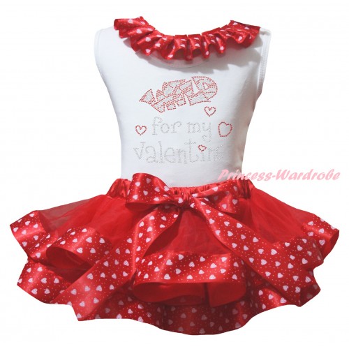 Valentine's Day White Baby Pettitop Red Light Pink Heart Lacing & Sparkle Rhinestone Wild For My Valentine Print & Red Light Pink Heart Trimmed Newborn Pettiskirt NG2378