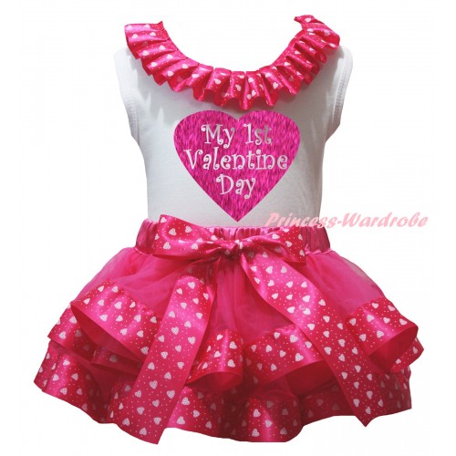 Valentine's Day White Baby Pettitop Hot Light Pink Heart Lacing & Sparkle Hot Pink My 1st Valentine Day Heart Painting & Hot Light Pink Heart Trimmed Newborn Pettiskirt NG2381